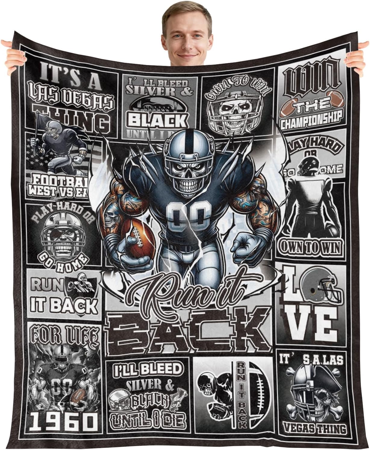 Football Throw Blanket Gifts - Sport Team Player Gift for Men, Christmas Birthday Sports Gifts for Boys Football Coach Fan Lovers, Black White Skeleton Cozy Flannel Throw Blanket 59"X 51"