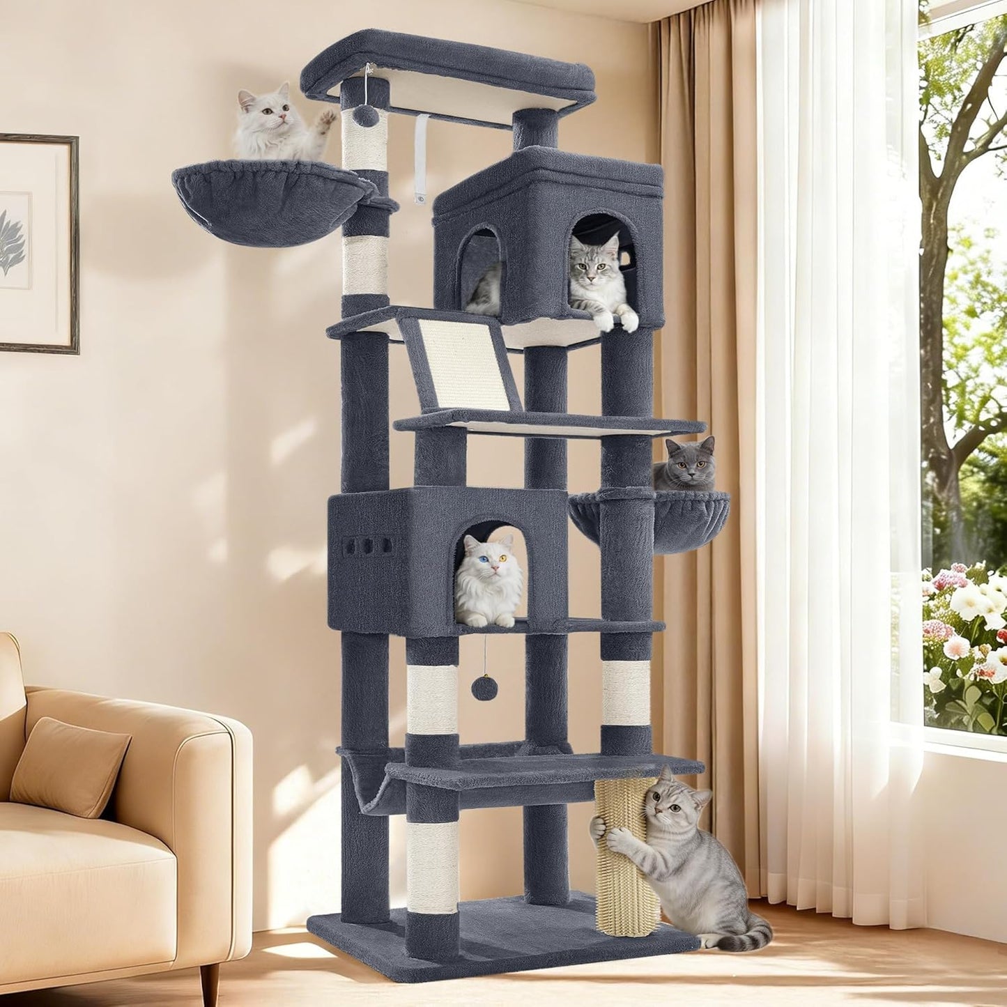 Large Sturdy Cat Tree Tower, 75 Inch Tall Pet Condo for 7 Large Cats, Cat Tree Indoor Climbing Activity Tower, 2 Large Platform/2 Cave/2 Hanging Basket/5 Scratching Post, Dark Grey MS19018SG