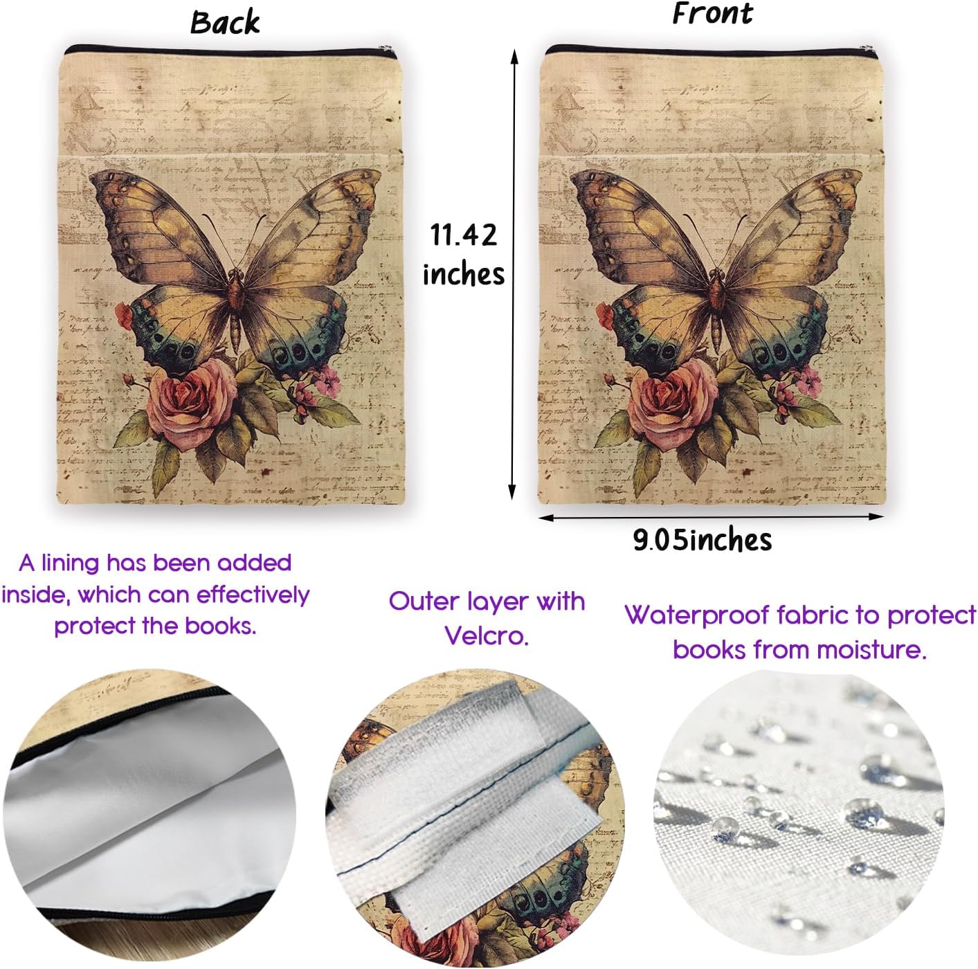 Vintage Butterfly Flower Book Cover, Book Sleeve with Zipper & Front Pocket, Reusable Book Pouch, Butterfly Floral Linen Prints Book Sleeve for Book Lovers, Bookish Gifts (Beige-Butterfly 3, Large)