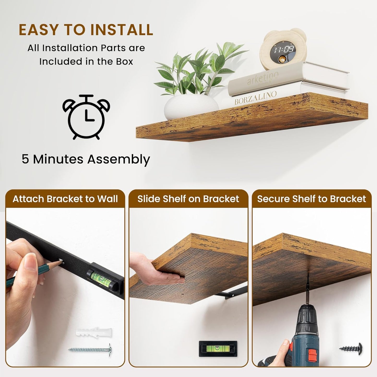 Fun Memories 48 Inch Brown Floating Shelves, 9.3 Inch Deep Wall Shelves for Living Room|Bedroom|Kitchen, Rusitc Wall Mounted Bathroom Shelves 2 Pack, Heavy-Duty Deep Shelf for Books，Decor