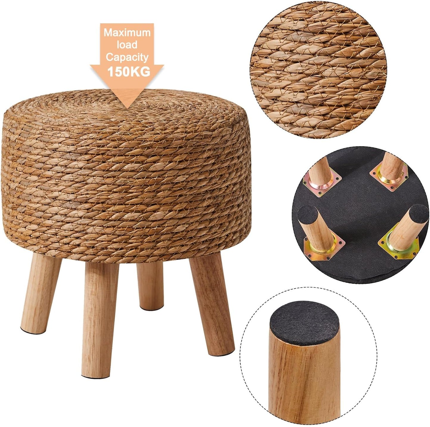 YMYNY Foot Stool Natural Seagrass Hand Weave, 12.6" Small Ottoman, Round Footrest for Living Room, Bedroom, Entryway, Change Shoes Stool, Non-Skid Wood Legs, Boho, Natural, UHBD027N