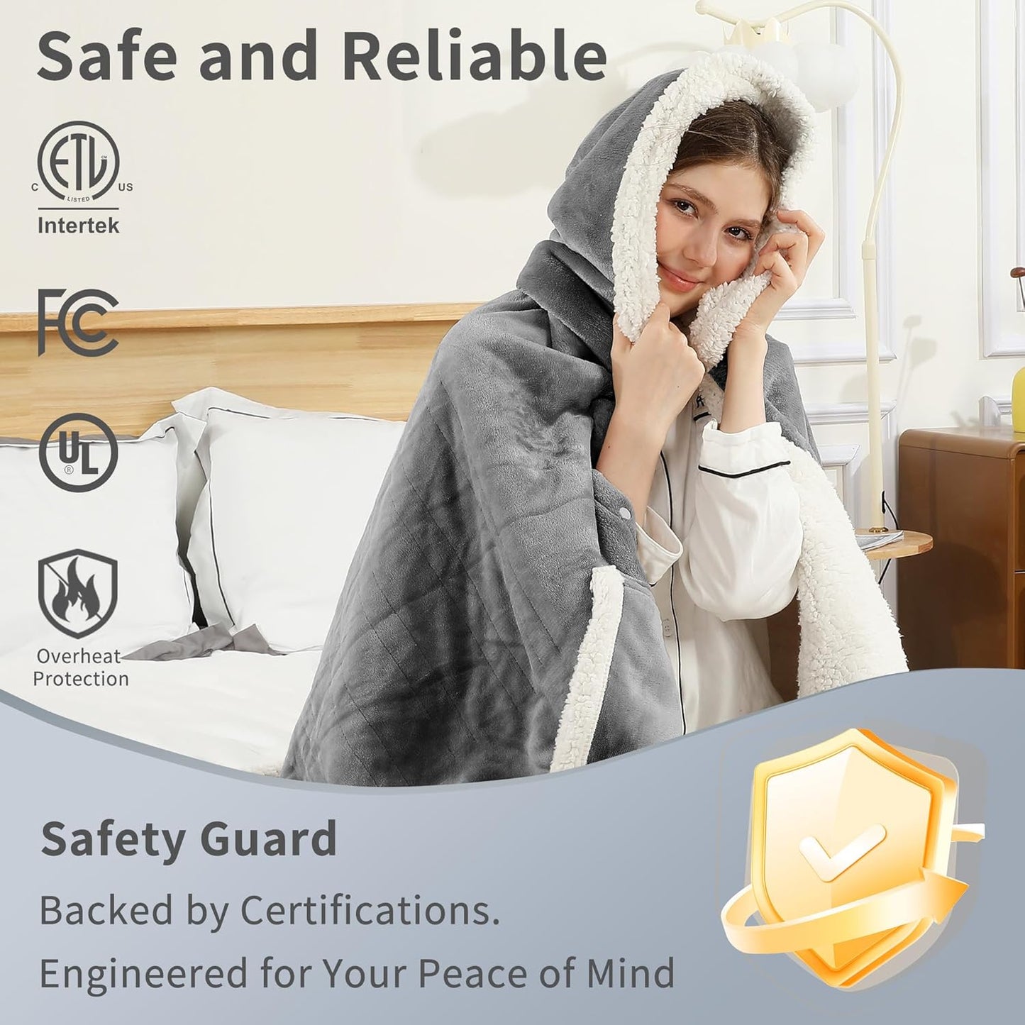 ESTINGO Wearable Heated Blanket Electric Throw, Heated Shawl with 6 Heating Levels and 1-4 Hours Auto Off, Heated Hoodie Women for Mom Women Seniors Grandma 50"×64" Light Grey