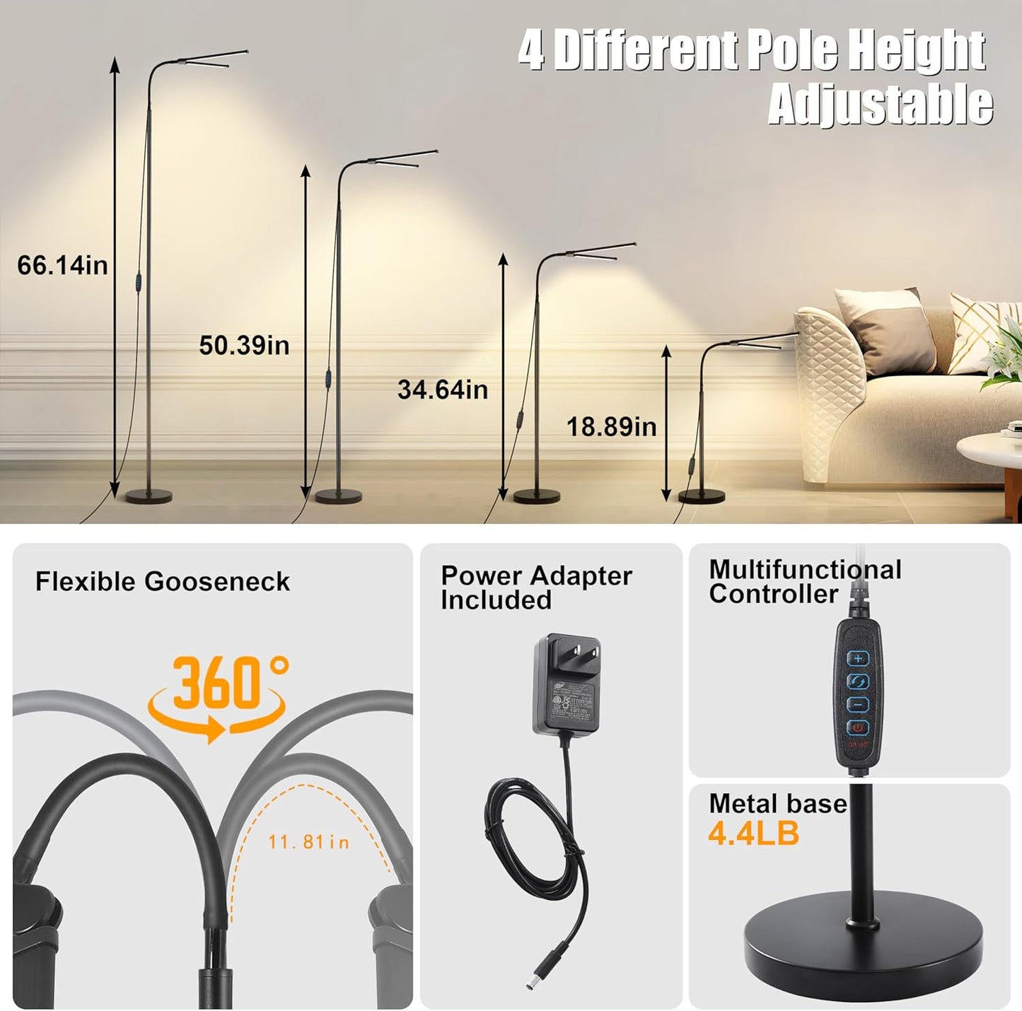 18W Dual Head LED Floor Lamp, Extended Flexible Gooseneck, Eye-Caring 3 Color Modes & 10 Brightness Levels, 4 Detachable Poles, USB Standing Light for Living Room, Bedroom, Office Reading