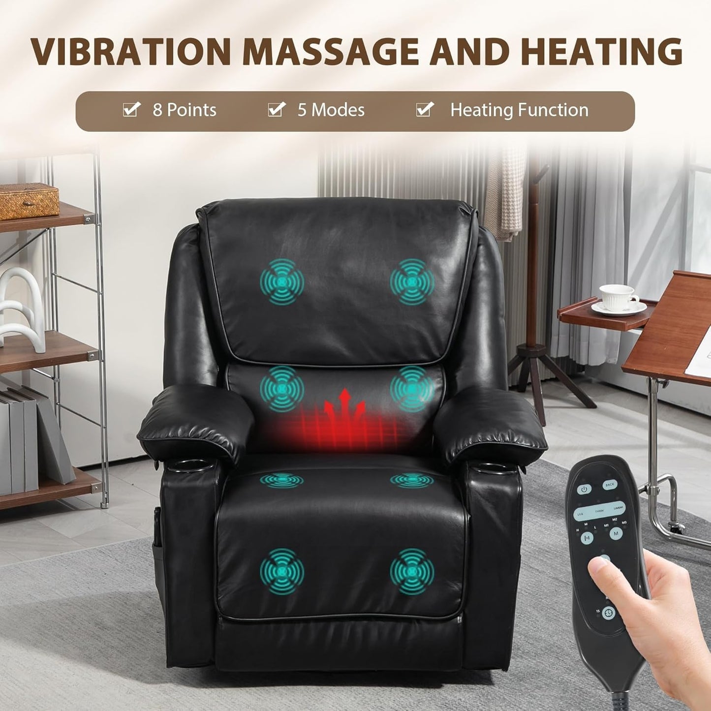 Swivel Rocker Recliner Chair with Vibration Massage and Heat Remote Footrest Cup Holders and Side Pockets Oversized Ergonomic Lounge Chairs for Living Room