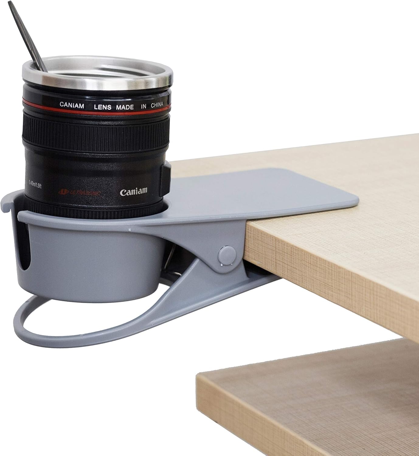 Gray Desk Table Edge Clamp Cup Holder for Office - Place Water Glass, Coffee Mug, Beverage, Phone