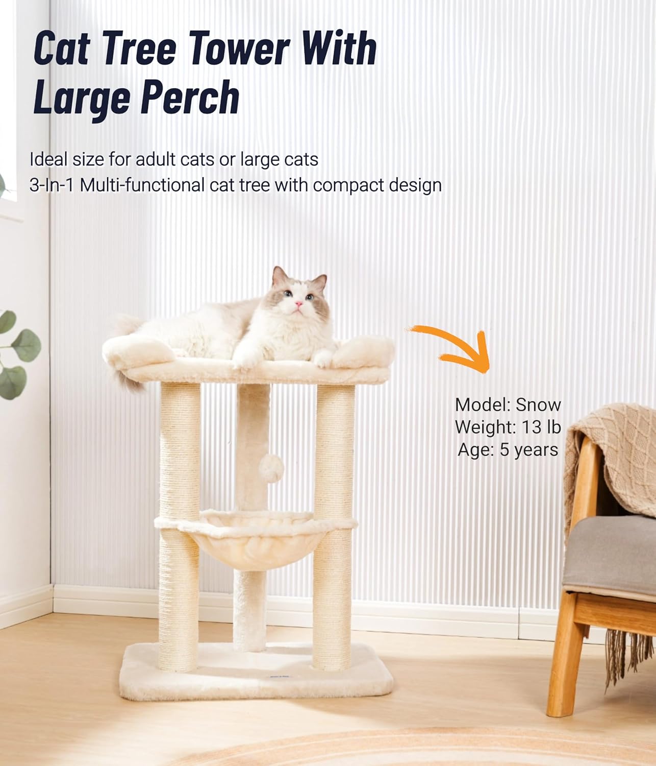 Happi N Pets 28" Cat Tree Tower, Tall Cat Scratching Post with Soft Perch for Window Viewing, Large Bed for Big Cats, Stable & Compact Cat Tower with Hammock, Removable Cover-Beige
