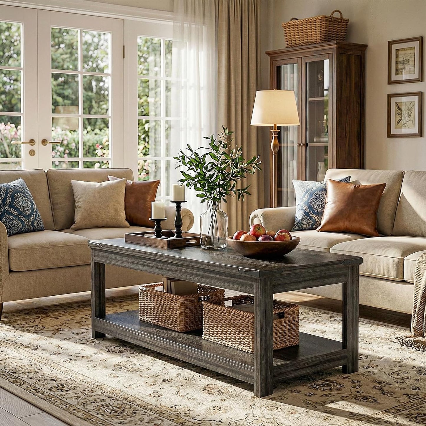 Homieasy 43.3” Rectangular Coffee Table with Storage Shelf, Farmhouse Wood Center Table for Living Room, Modern Black Tea Table with Open Shelf, Grey