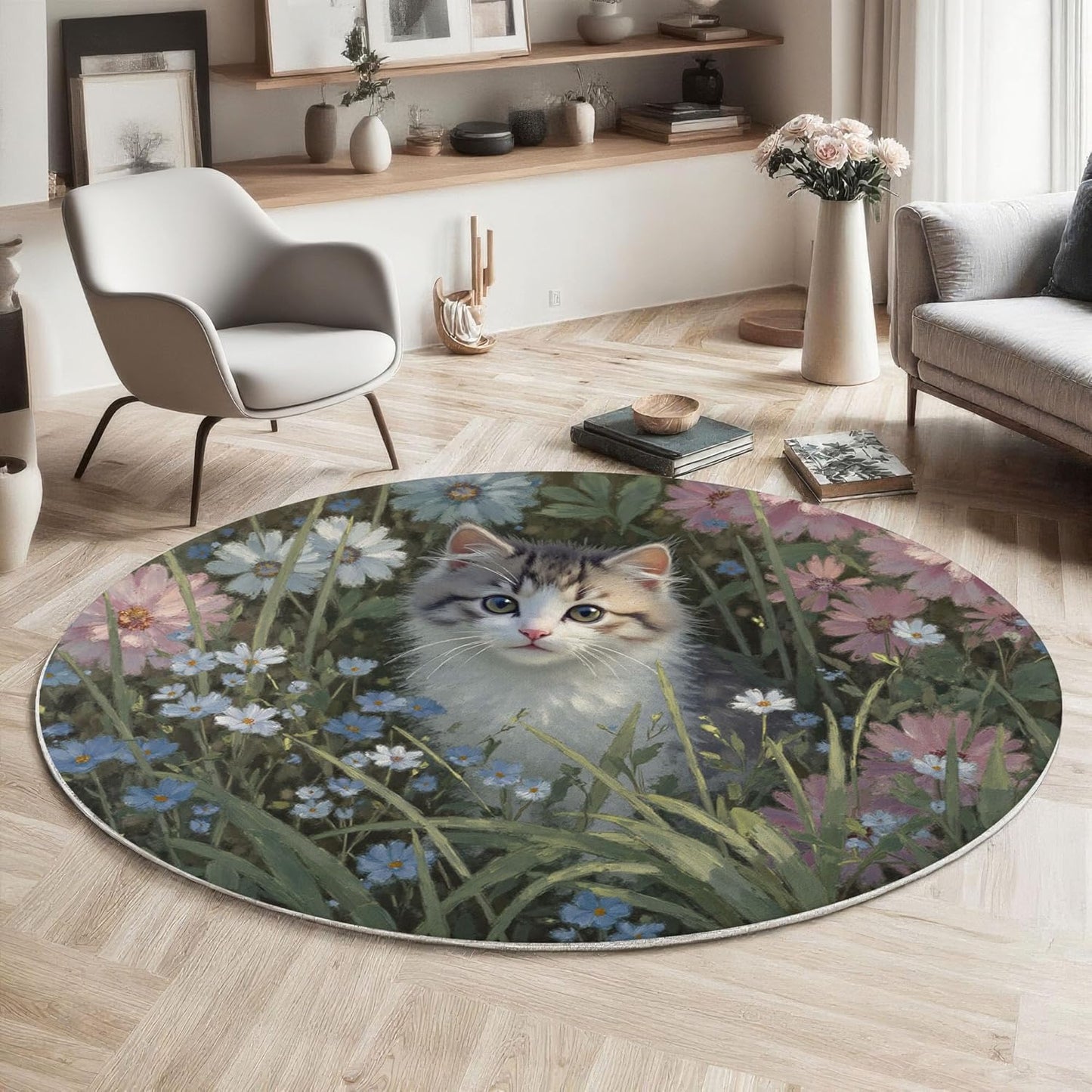 Washable Cats Flowerbeds Oil Paintings Area Rug, 3Ft Round Rugs for Living Room Soft Carpet for Bedroom Rustic Landscape Indoor Stain Resistant Non-Shedding Floor Carpet, Dark Green, 3Ft-Round