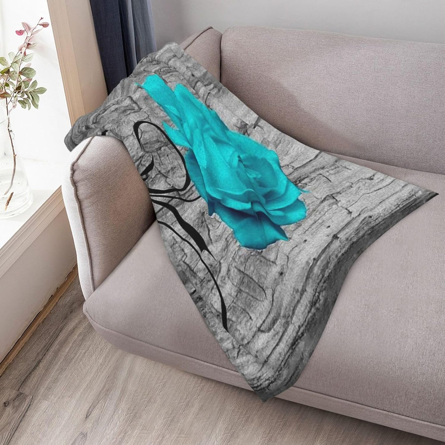 Teal Gray Rose Throw Blanket Cozy Warm Blankets Soft Flannel Blankets Gift Home Bedding Living Room Couch Sofa Bed for All Seasons Blanket 40x50inch