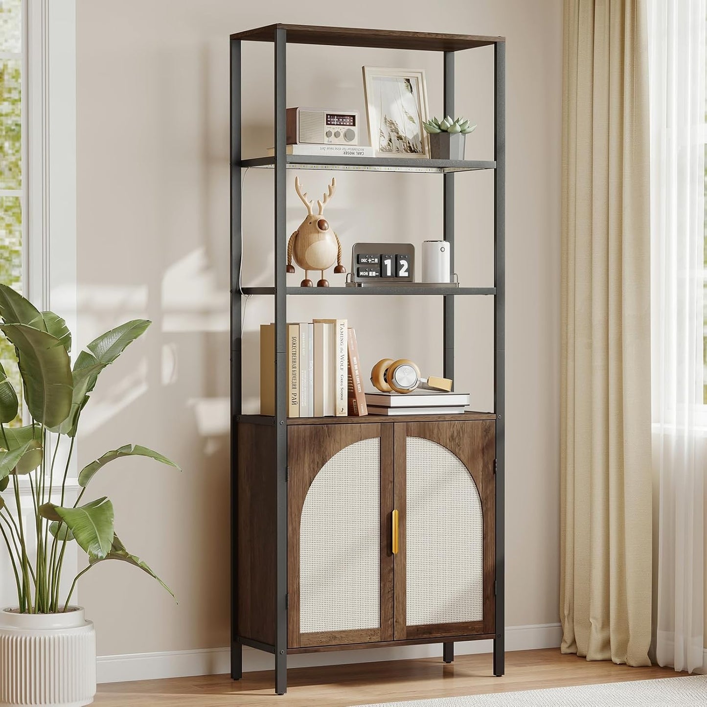 Rattan Bookshelf with Storage, 71" Tall Bookcase with Doors, Boho Book Shelf Narrow with LED Lights for Living Room, Bedroom, Home Office, Brown