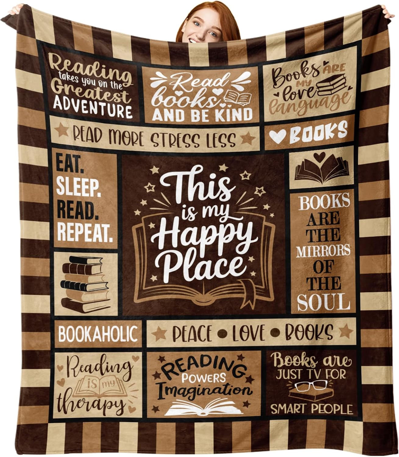 Book Lovers Gifts Flannel Throw Blanket, This is My Happy Place Gift for Reader, Reading Birthday Ideas, Book Club Librarian Blanket for Bookworm Bookish 50"x60"