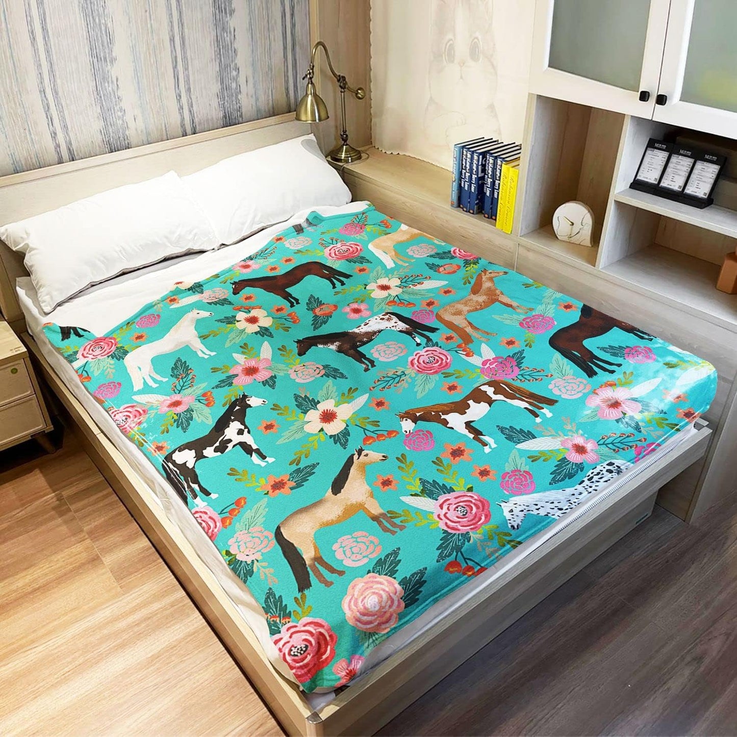 Flower Horse Throw Blanket Horse Green with Flowers Fleece Blanket Soft Warm Cozy for Sofa Couch Bed 60"x80"