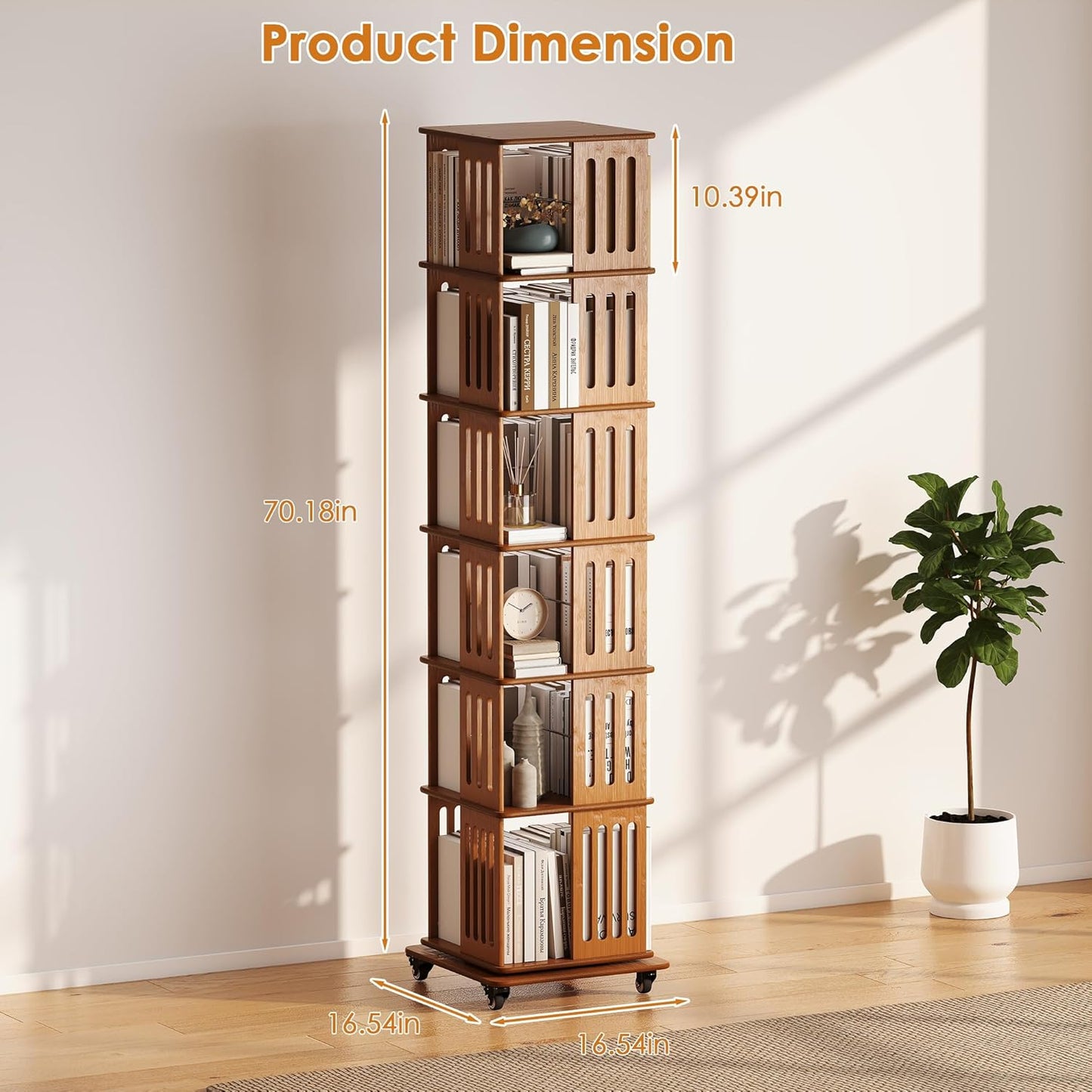 Rotating Bookshelf Tower 6 Tier 360° Bamboo Spinning Bookcase Tall Square Revolving Book Shelf Floor Standing Vertical Space-Saving Storage for Kids Rooms Living Room Bedroom Office - Walnut