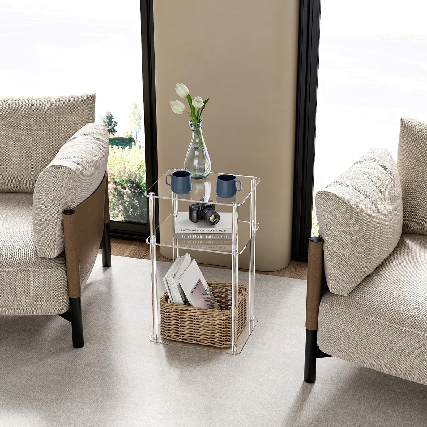 HMYHUM Acrylic End Table, 14" L x 11.5" W x 23.2" H Clear Lucite Side Table for Small Spaces Nightstand Bedside Table for Living Room, Bedroom, 3 Tier, Clear