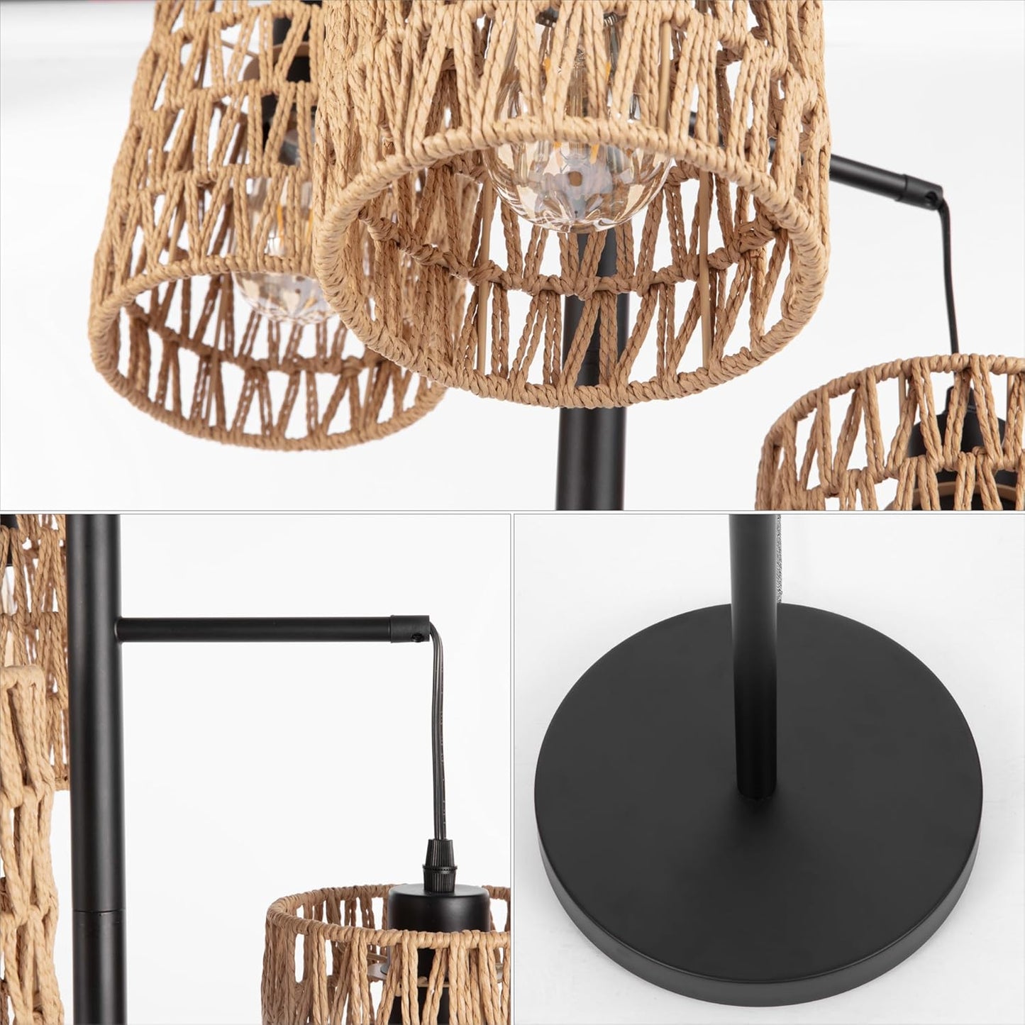 JONATHAN Y 70.75" Black 3-Light Bohemian LED Floor Lamp, Mid-Century Modern Standing Light with Natural Rattan Lantern Shades for Living Room, LED Bulbs Included JYL1150A