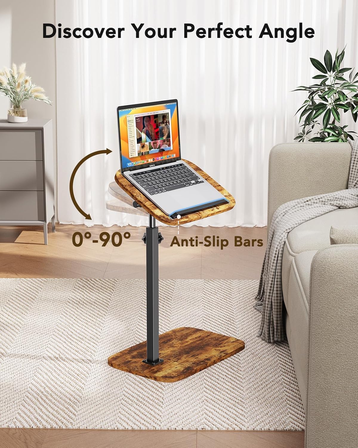 HUANUO Adjustable TV Tray, Height Adjustment TV Trays with 360° Swivel and 90° Tilt, Sturdy & Multi-Functional Sofa Table with Anti-Slip Bar, Side Table for Couch, Bedside, Dining, Living Room