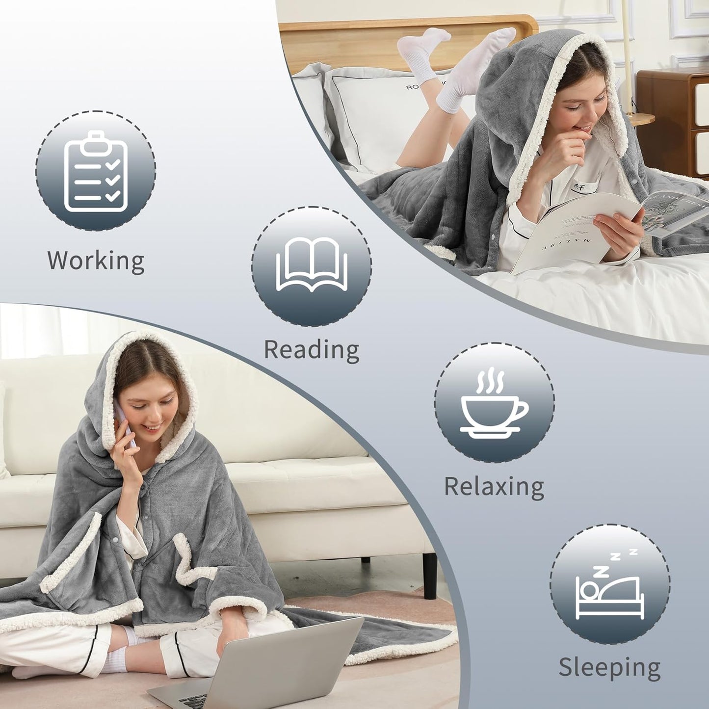 ESTINGO Wearable Heated Blanket Electric Throw, Heated Shawl with 6 Heating Levels and 1-4 Hours Auto Off, Heated Hoodie Women for Mom Women Seniors Grandma 50"×64" Light Grey