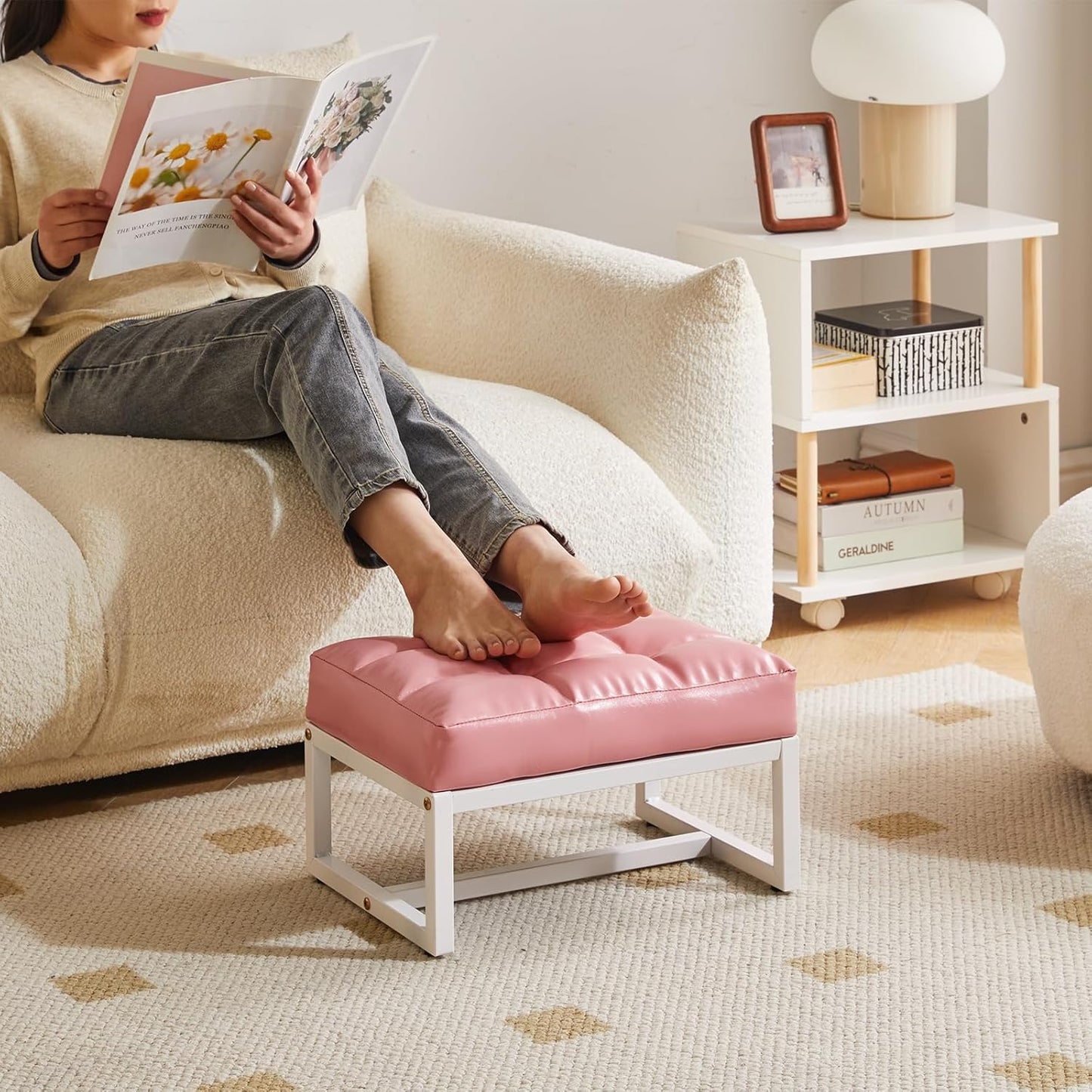 Small Footstool, Rectangle Ottoman with Faux Leather Padded Seat, Change Shoes Bench, Sofa Footrest Extra Seating for Living Room Entryway Office, Pink YD-JD139P