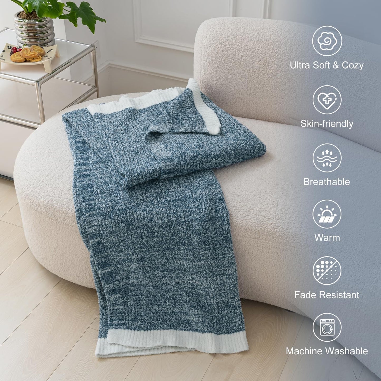 MH MYLUNE HOME Ultra Soft Ribbed Throw Blanket for Couch 60x80 Inches Luxurious Super Cozy Fluffy Microfiber Blanket Plush Warm Reversible Throw Blankets for Sofa Bed - Blue 60 x 80 Inches