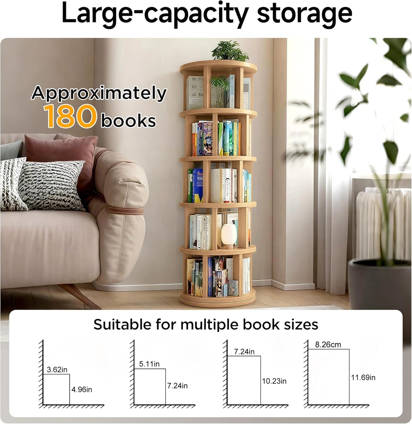 Rotating Bookshelf Tower, Wooden, 5 Tier Vertical Rotate Turning Spiral Corner Organizer, 360° Rotating Book Tower, Ideal for Small Spaces, Living Rooms, Bedrooms (Natural, 5 Tier)