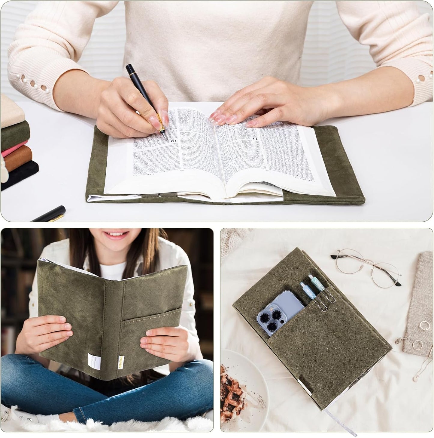 Velvet Book Cover for Paperbacks, Reusable Fabric Book Cover with Pockets, Adjustable Book Protector for Softcover Books, Journals & Bibles