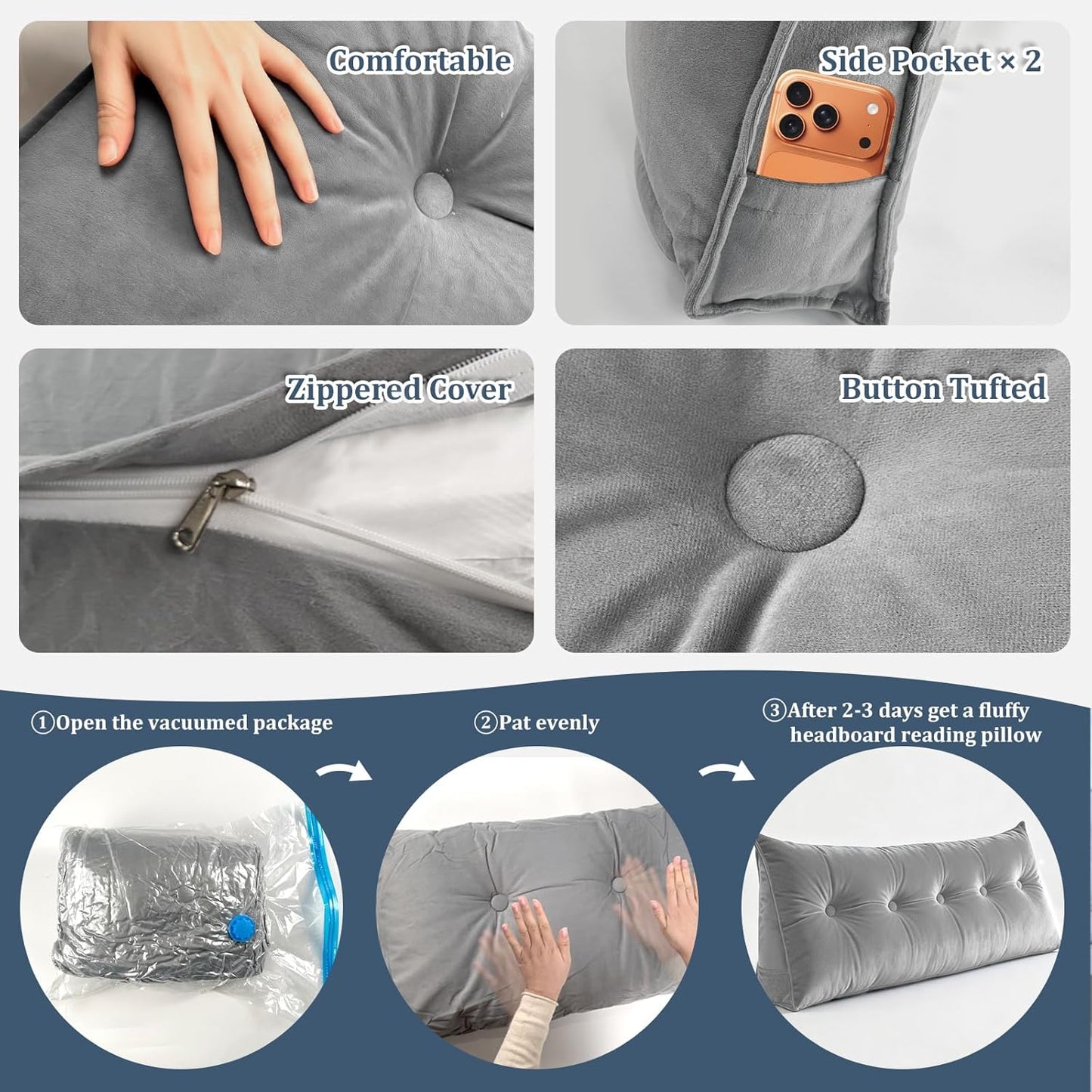 Headboard Pillow Queen, 59" Large Wedge Reading Pillow for Bed Sitting Up, Decorative Bolster Cushion Backrest for Sofa & Daybed, Soft Plush Cover with Side Pockets, Dark Grey