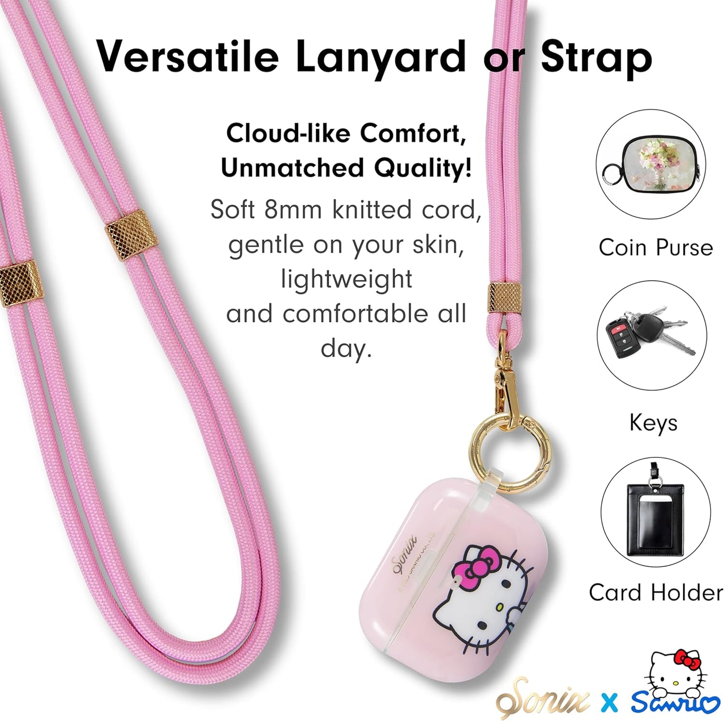 Sonix x Sanrio | Crossbody Phone Strap with Charms | Adjustable, Universal Cell Phone Rope Strap Lanyard | Pink Cord | Hello Kitty Pink Bows