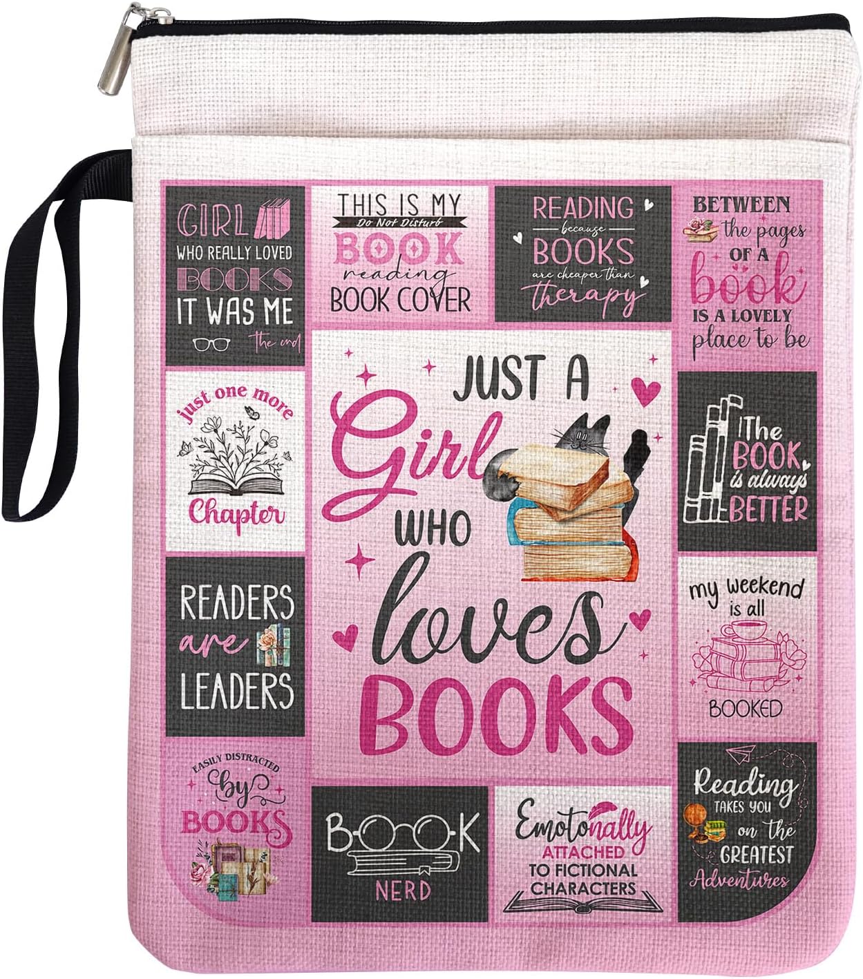 Just a Girl Who Loves Books - Book Lovers Book Cover Gifts for Librarian Teachers with Zipper & Front Pocket, Book Sleeve Gifts for Book Club Bookworm Women Birthday Graduation Reading Day