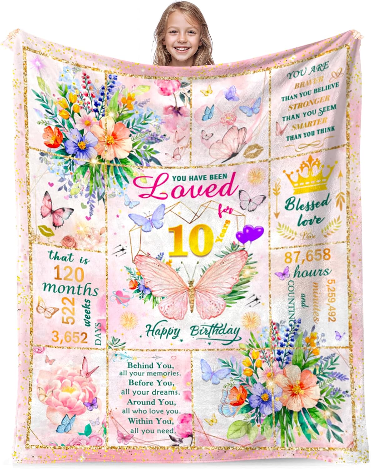 10th Birthday Gifts for Girls, Birthday Gift for 10 Year Old Girl, Super Soft Unique Funny Pink Butterfly Flower Blanket for Girls, Gifts for 10 Year Old Girl, Warm Cozy Plush Fuzzy Blanket 50"x40"