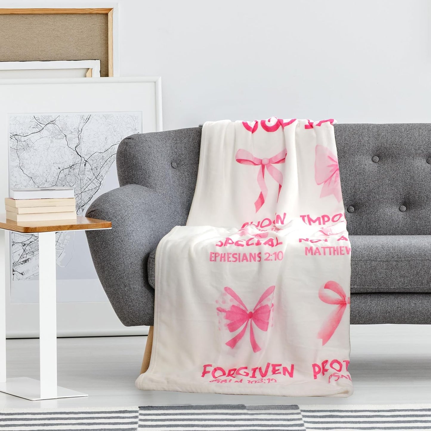 Christian Throw Blanket Women Gifts, Pink Bow Bible Verse Inspirational Faith-Based Soft Cozy White 50x60 Flannel Blankets, Gift for Religious Girls, Home Decor for Bed Sofa
