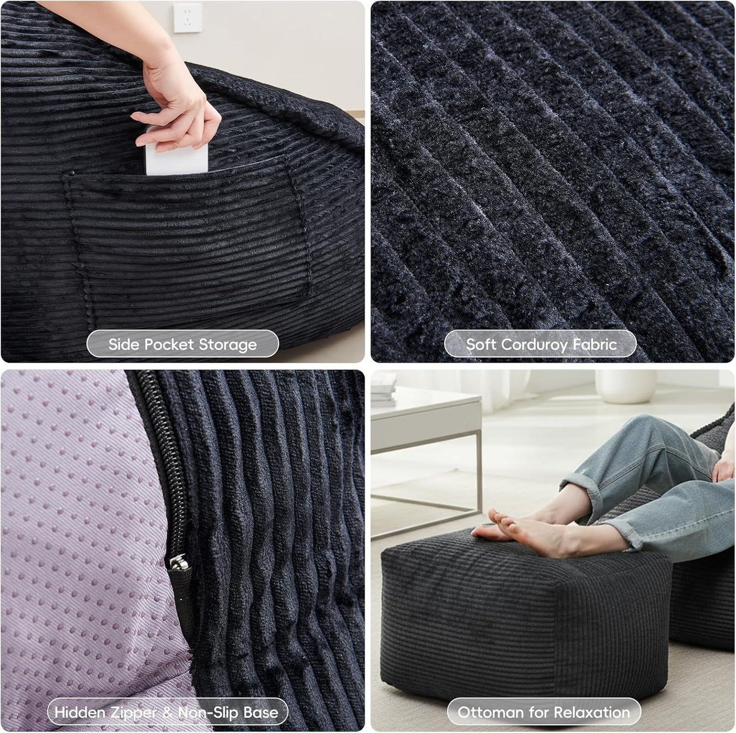 Bean Bag Chair with Ottoman for Adults, Large Corduroy Bean Bag Couch, Boneless Chaise Lounge Reading Chair with High-Resilience Foam, Floor Lounger for Bedroom Living Room (Black)