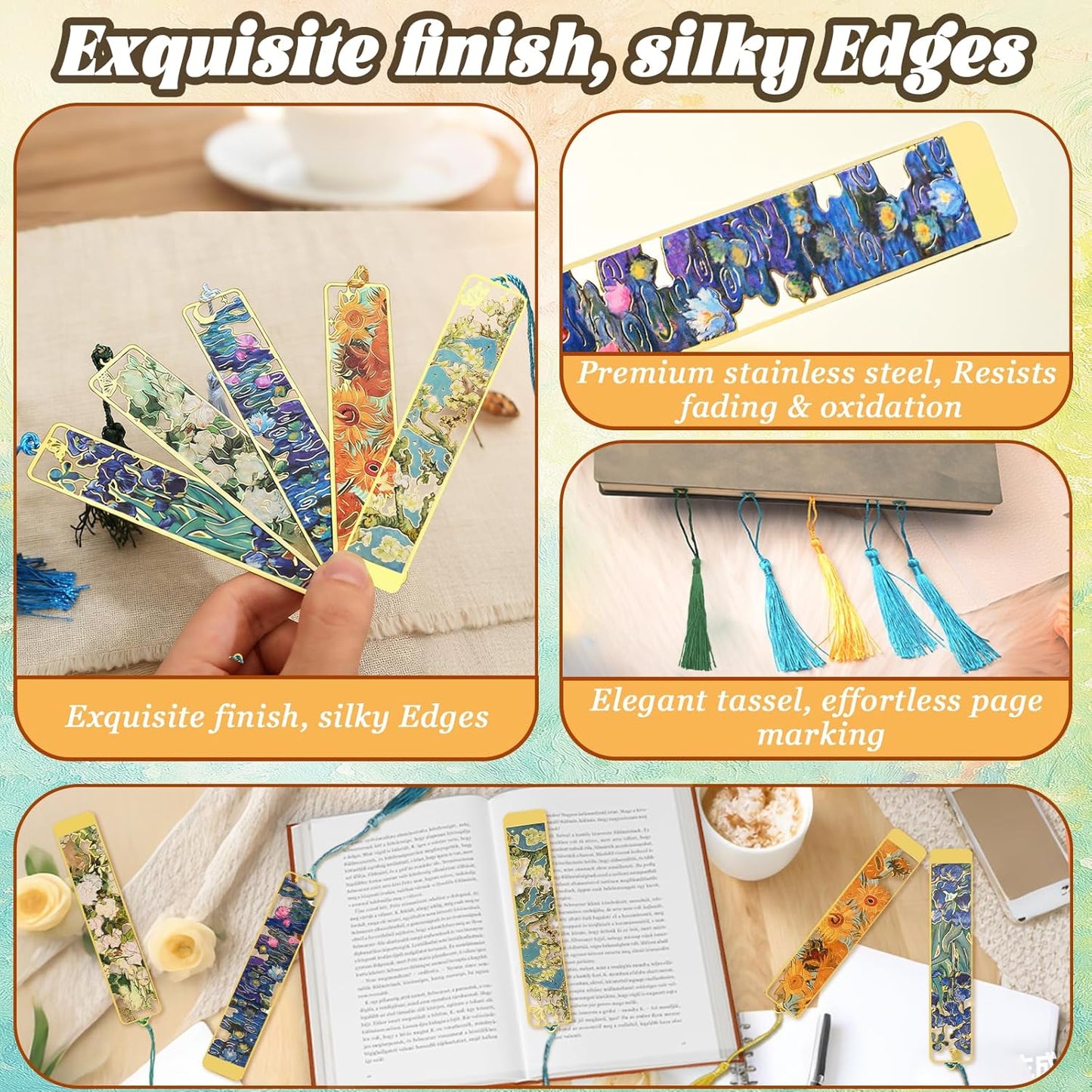 5 Pcs Metal Bookmarks with Tassel, Oil Painting Flowers Theme Exquisite Bookmarks, Book Accessories Gifts for Book Lovers Writers Readers Children Teens Men Women Adults (Flowers-5pcs)