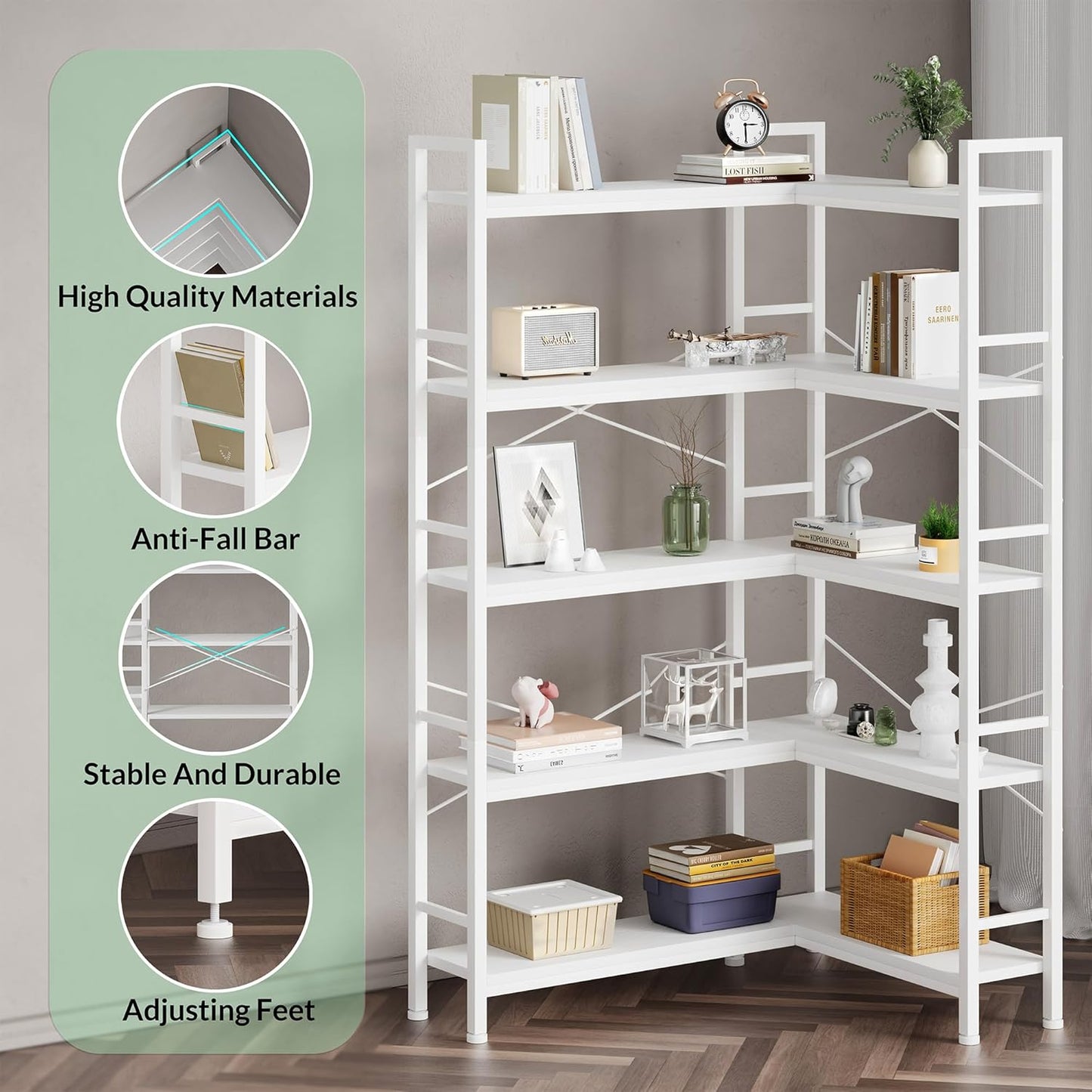 5-Shelf Corner Bookshelf, Large Open Shelf Bookcase,White Metal Frame, L-Shaped Storage Rack with Cross Braces for Living Room Home Office