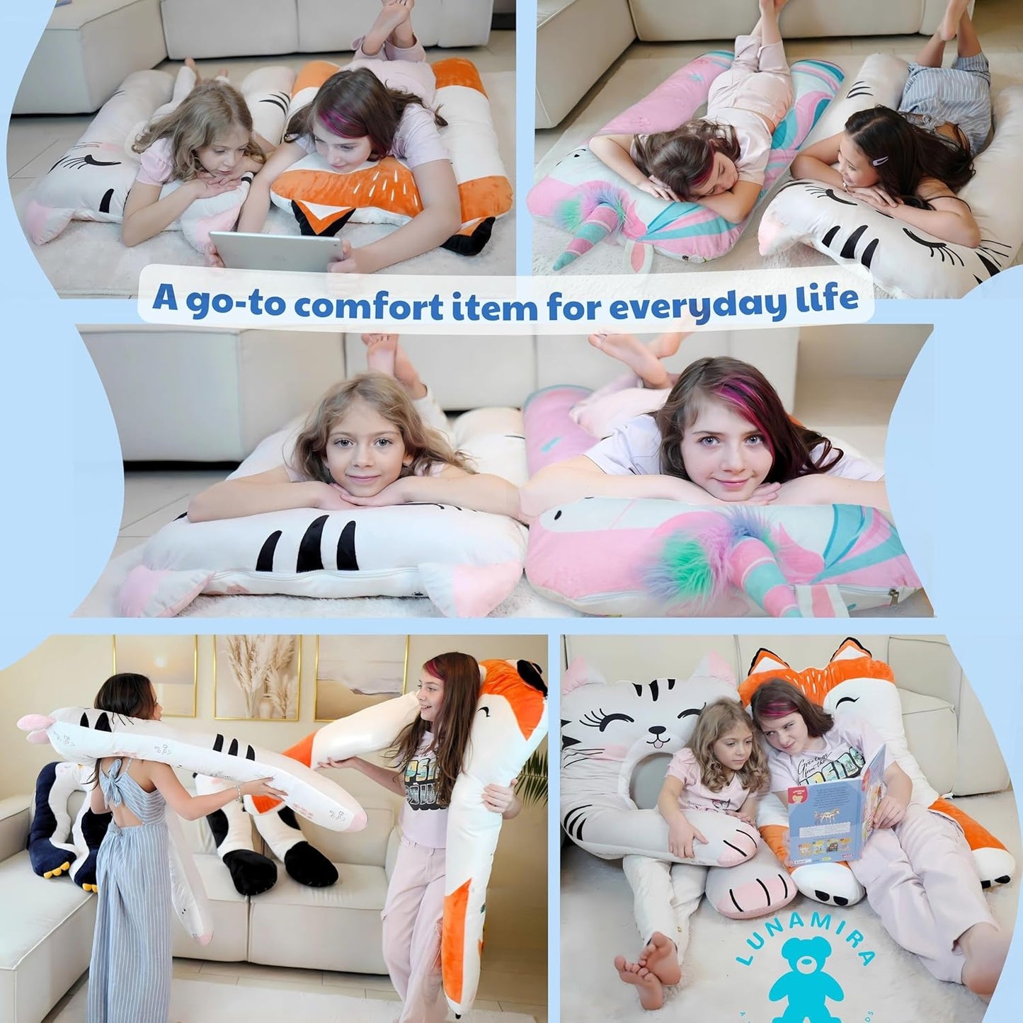 LUNAMIRA Cat Kids Body Pillow - 47" U-Shape Long Plush Soft Animal Pillow for Kids, Sleeping, Reading, ADHD & Special Needs Comfort, Anxiety, Washable Cover, Snuggle Fun Cuddle Gift for Boys & Girls