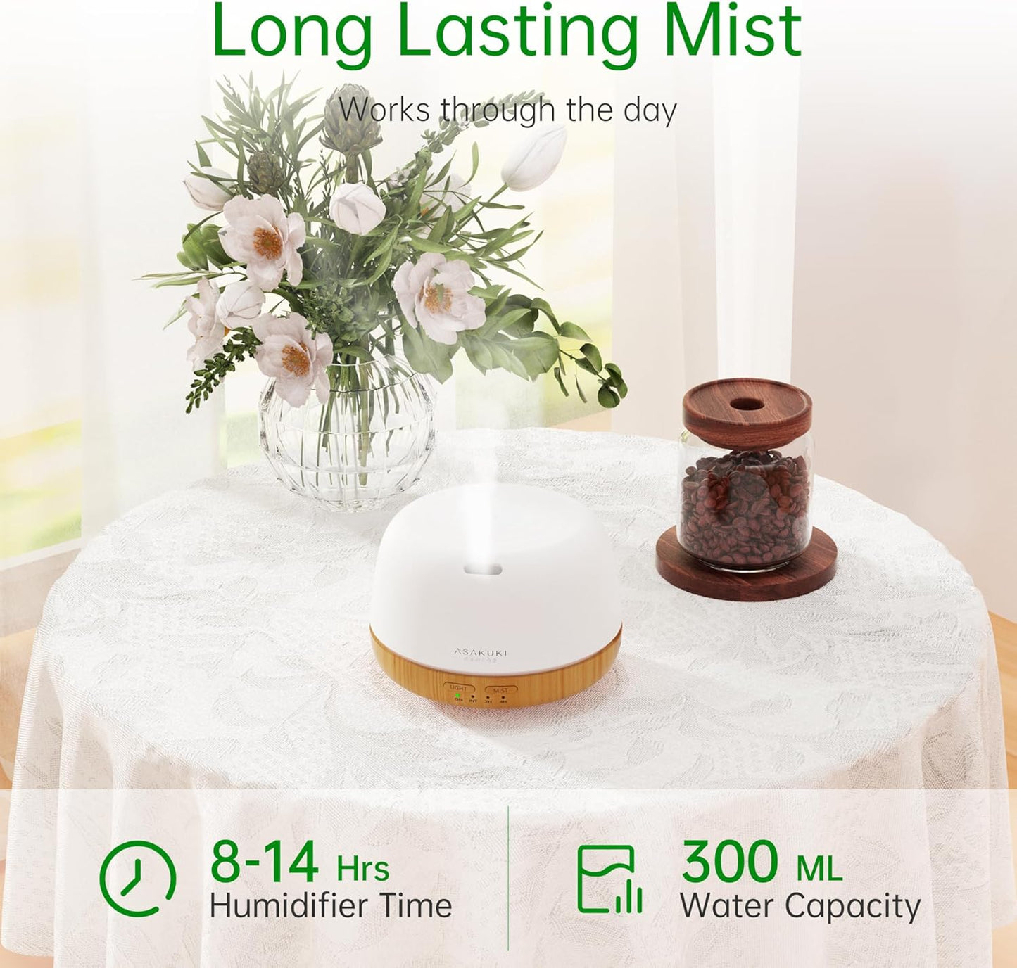 ASAKUKI Essential Oil Diffuser, 300ml Ultrasonic Aromatherapy Oil Humidifier with 7 Colors LED Lights, 2 Mist Mode for Home (Wood Grain)
