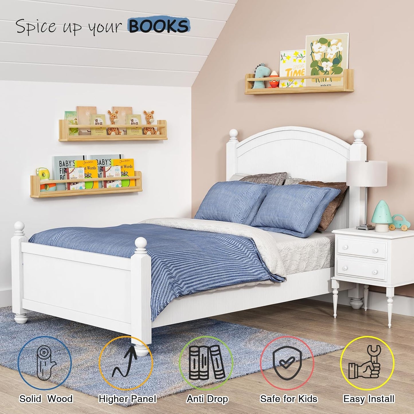 Wooden Wall Bookshelf for Kids Room, Large Nursery Floating Shelves for Kids Bedroom, Natural Wood Wall Mounted Bookshelves for Baby Toddler Classroom Library Books (36 Inch Long, 3-Pack)