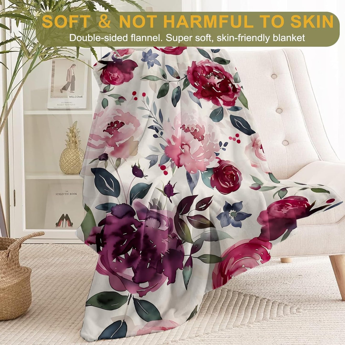 Vintage Floral Flannel Blanket - Romantic with Blush and Burgundy Rose on Cream Throw - Soft Cozy Gifts Blankets for Women & Flower Lovers,Modern Classic Decor,Home Room Accent 50x60in