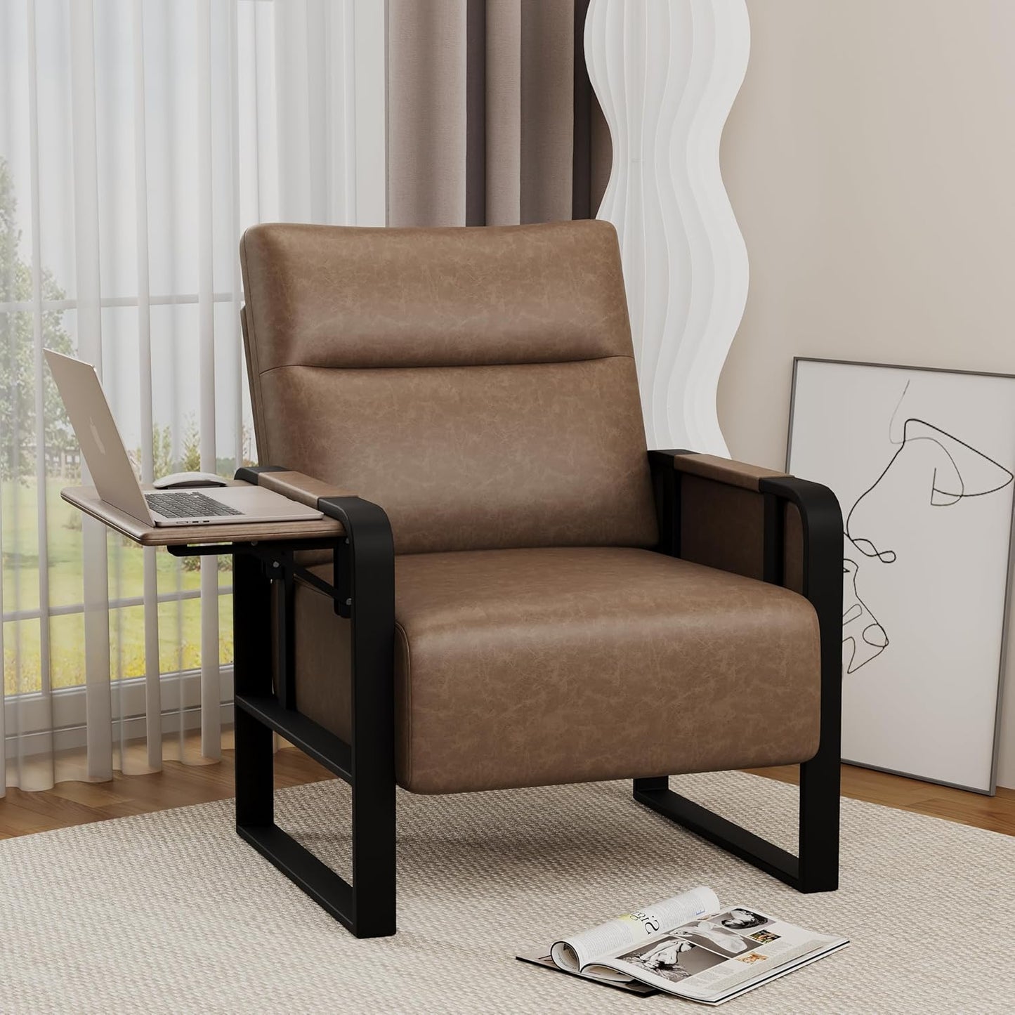Upholstered Living Room Chair Armchair, Mid Century Faux Leather Metal Accent Chair, Reception Couch Office Guest Chair Slipper Club Lounge Single Sofa with Sidetable for Bedroom-Brown