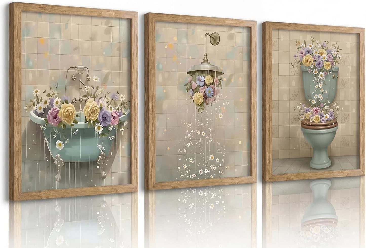 3pcs Framed Vintage Floral Bathroom Canvas Wall Art Beige Floral Shower Posters Prints Paintings Rustic Cottagecore Wildflower Paintings for Toilet Washroom WC Paintings Decoration Prepare To Hang