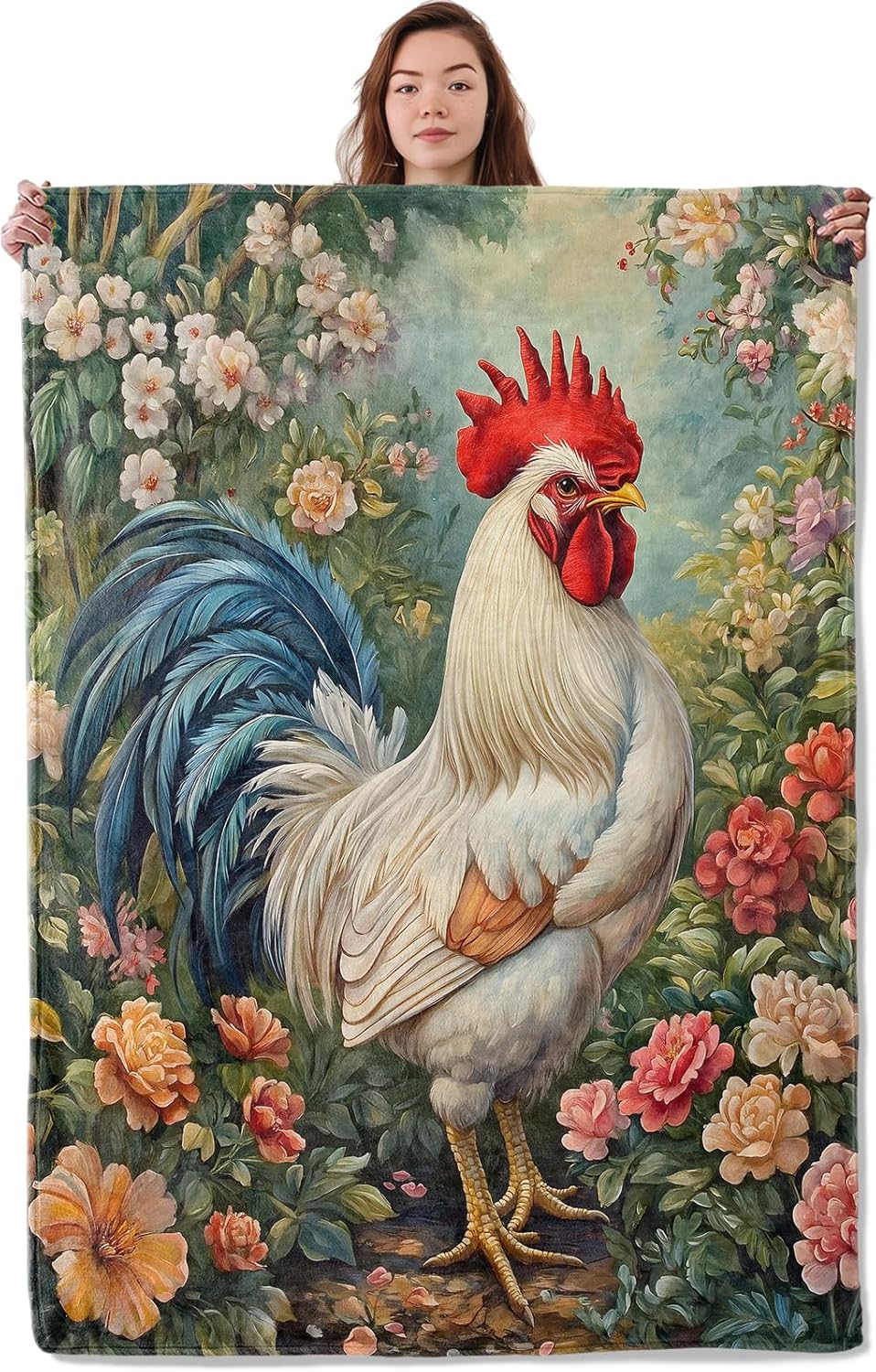 Rooster & Floral Blanket, Soft Warm Cozy Throw Gifts for Adults Kids Women, Lightweight Comfy Fuzzy Flannel Blankets for Couch, Travel, Car, Home Decor 50×40 Inch