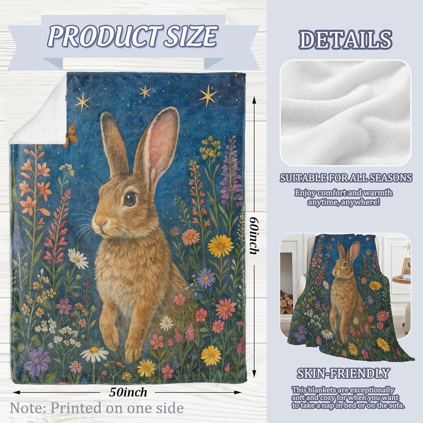 Cute Bunny Floral Meadow Blanket, 60 x 50 Inch Flannel Dreamy Starry Night Rabbit Throw Blanket, Gifts for Women Girls Adults Kids, Lightweight Cozy Warm Blankets for Sofa Travel Home Decor