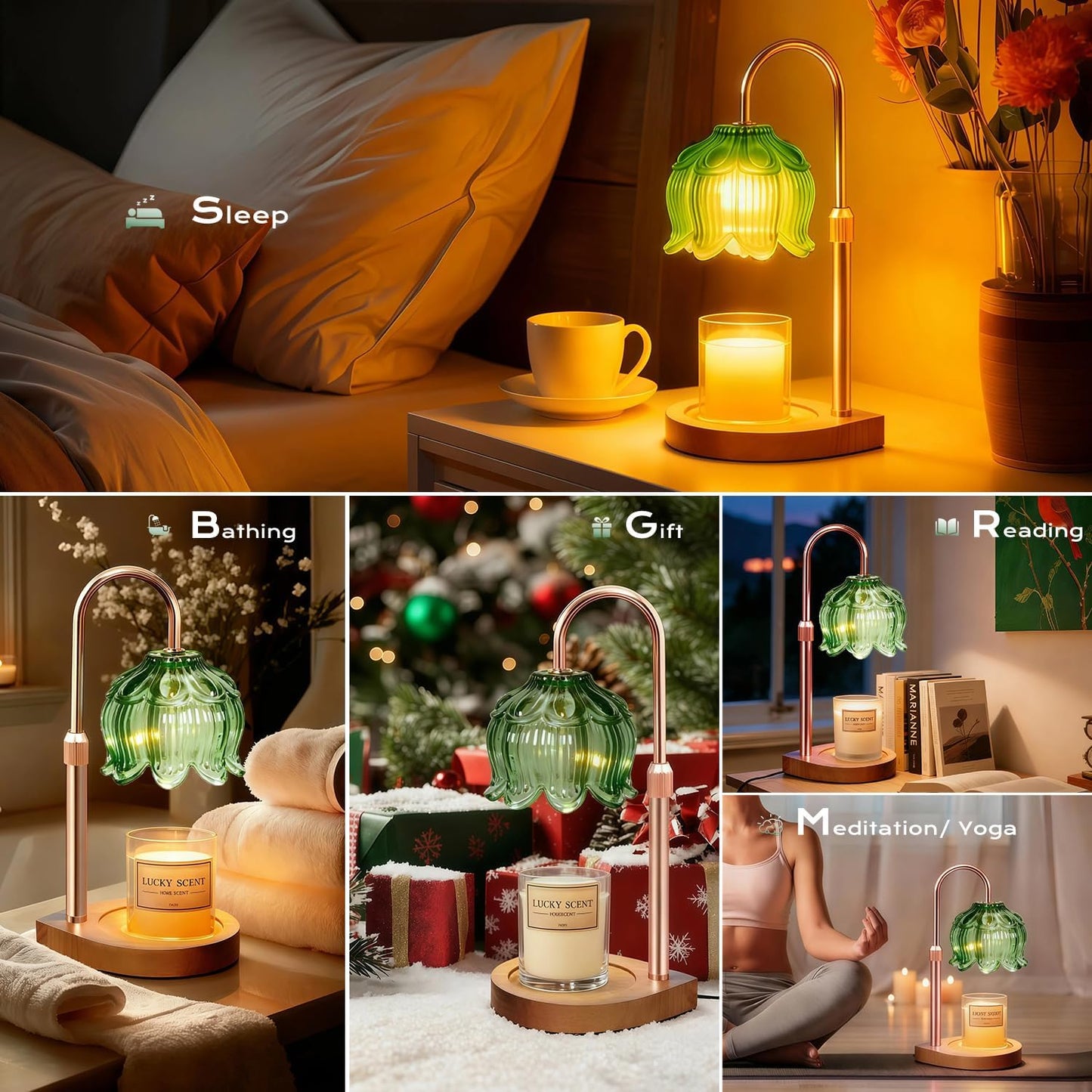 Candle Warmer Lamp - Dimmable Candle Lamp with Timer, Flower Wax Warmer Lamp for Jar Candles, Adjustable Height Wax Melter for Valentine's Day Gift Home Decor, Farmhouse (Green)