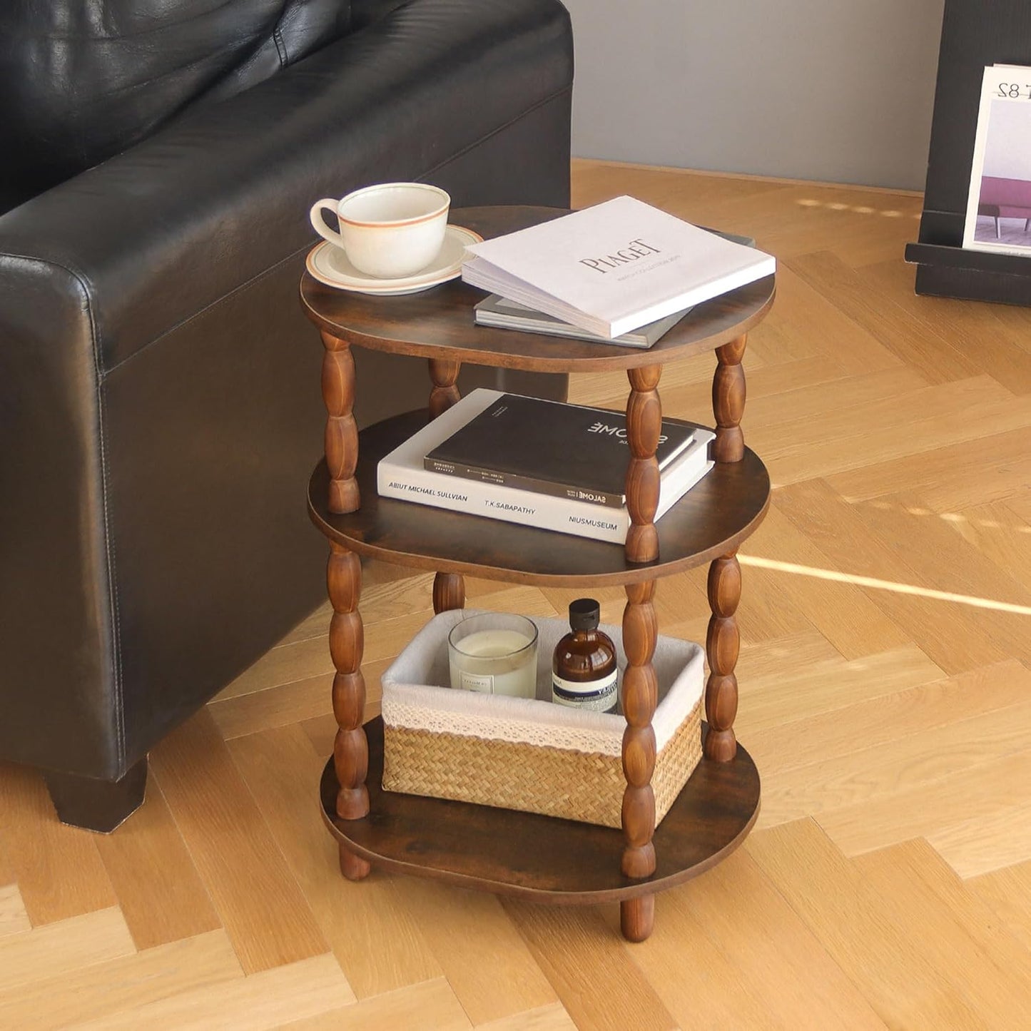 MaxSmeo Side Table, 3-Tier Small End Table, Modern Oval Night Stand Accent Table for Living Room, Bedroom, Rustic Brown