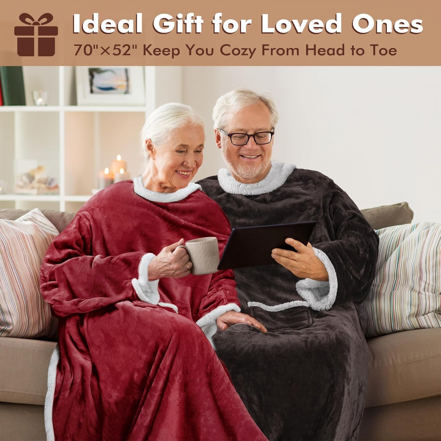 Tirrinia Sherpa Wearable Blanket With Sleeves, Full Body Throw Reading Wrap TV Blankets