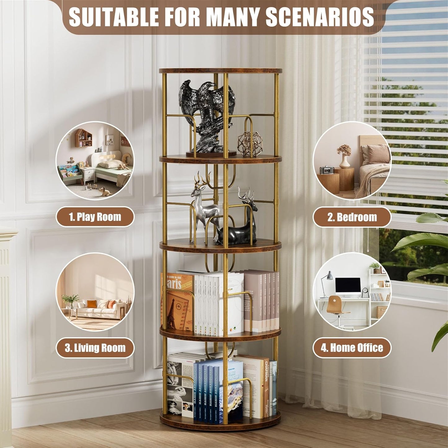 Flycity 4 Tier Rotating Bookshelf, 360° Corner Bookshelf Tower, Round Revolving Bookcase with Special Visible Partition Storage, Narrow Book Shelf Organizer for Living Room, Small Space, Gold