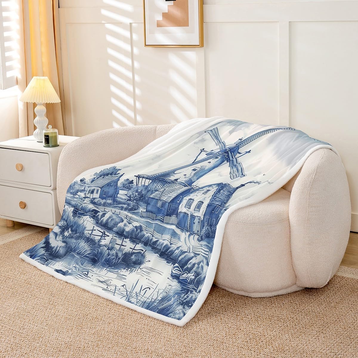 Erosebridal Vintage Dutch Windmill Plush Blanket Throw 50x60 Delft Blue Farm Throw Blankets Rustic Farmhouse Blanket