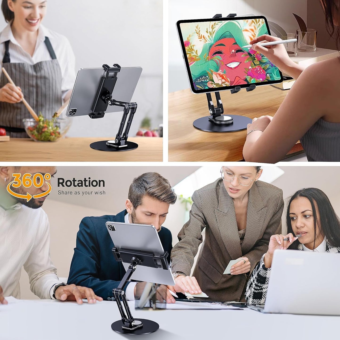 Bimo Tablet Stand Holder for ipad,Portable Monitor Stand Holder for 15.6'',16'',360°Rotate Base for 4.7''-16'' Kindle,Store Cash Register Office Reception Kitchen Desktop Display