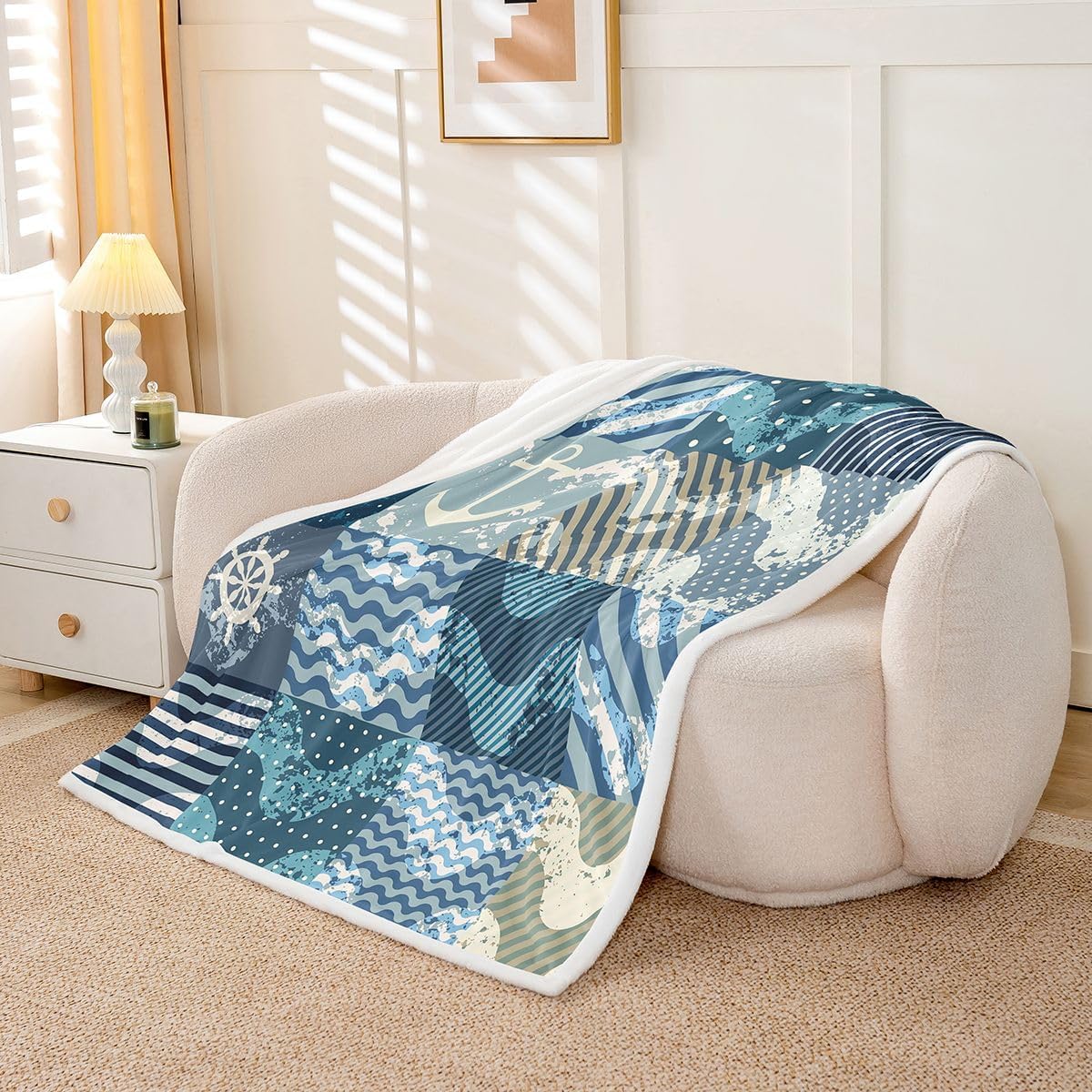 Ocean Nautical Soft Cozy Fleece Blankets Geometric Grid Stripes Fleece Flannel Throws Anchor Rudder Sea Wave Throw Blankets Buffalo Lattice Polka Dot for Sofa Bed Couch,Throw 50x60 Inch