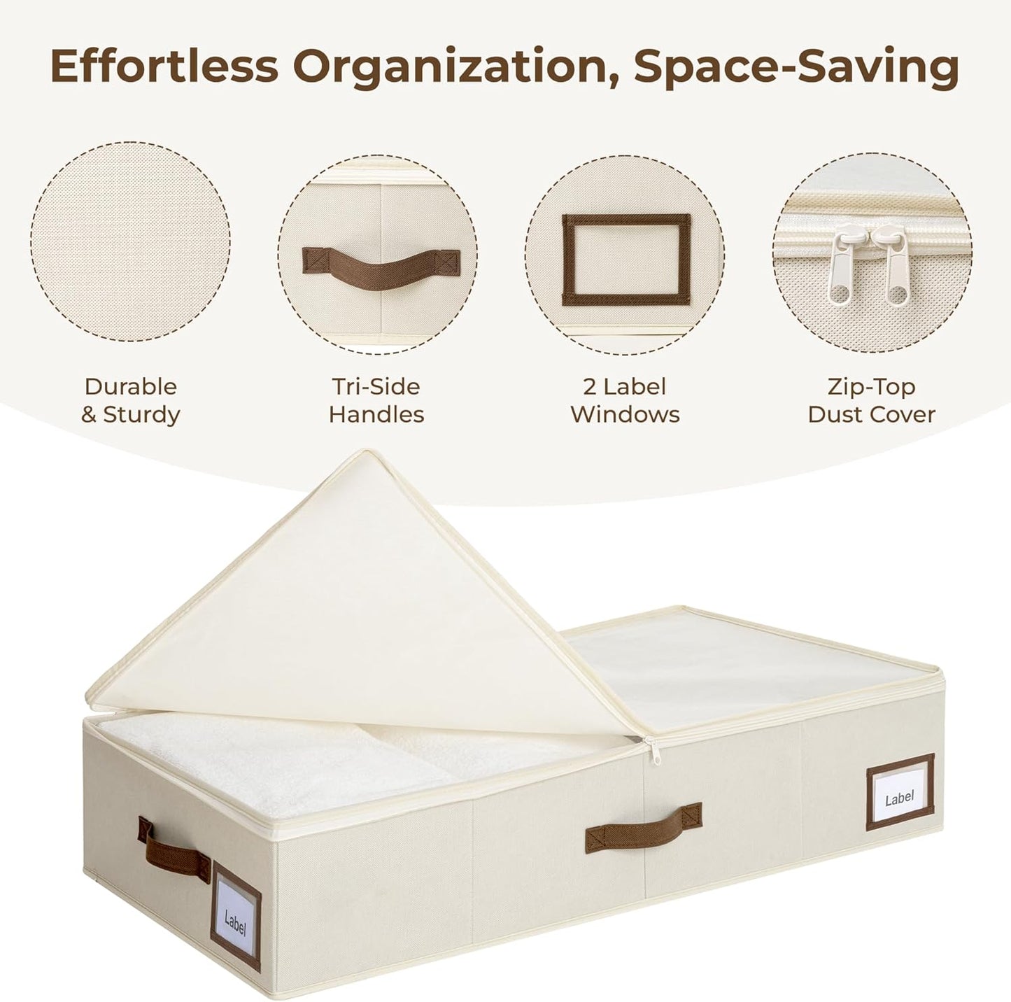 Cupic Cupid Under Bed Storage Containers, Foldable Organizer with Lid for Bedroom, Underbed Storage Box for Blankets, Clothes, Shoes, 2 Pack, Beige