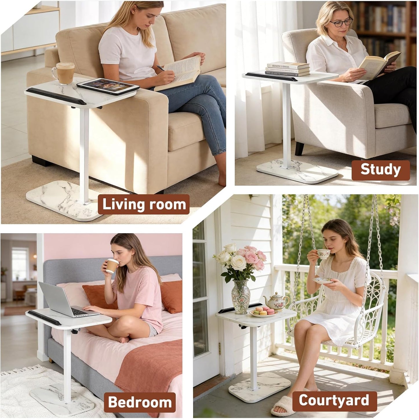 ShellKingdom Sofa Armrest Tray Table, C Shaped End Table for Small Spaces, Adjustable Height Small Side Table for Living Room, Bedroom, Home, Office (White Marble)